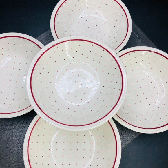 Vintage 60s BILTONS England Ironstone Coupe Bowl Set of 5 - Cranberry Polka Dot - Picture 3 of 10